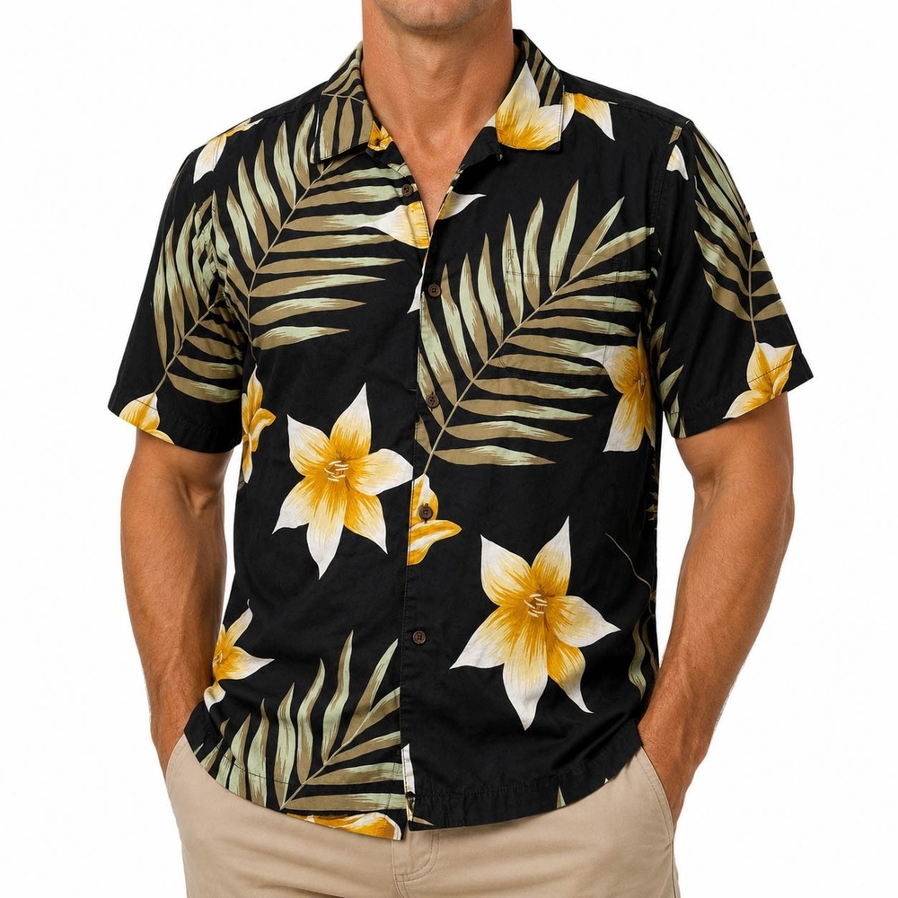 28 Palms Mens Hawaiian Shirt XL Black Yellow Tropical Floral Palm Leaf Button Up
